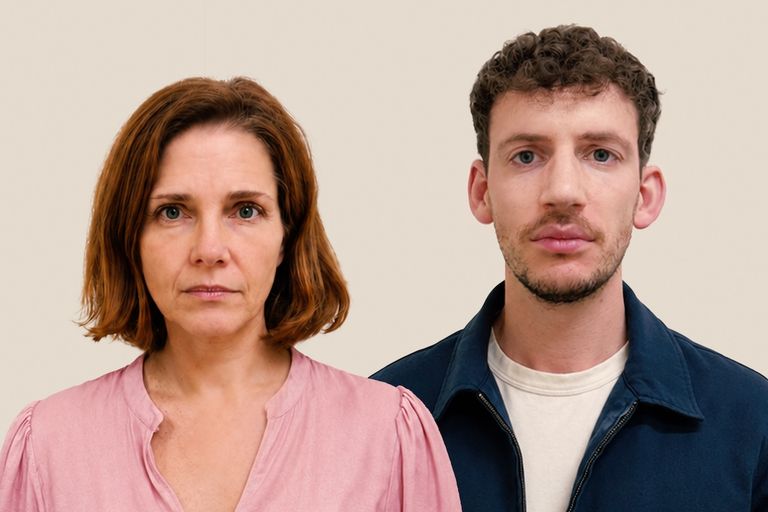 Promotional headshot portrait of actors for play production The Sound Inside against a neutral off-white background.